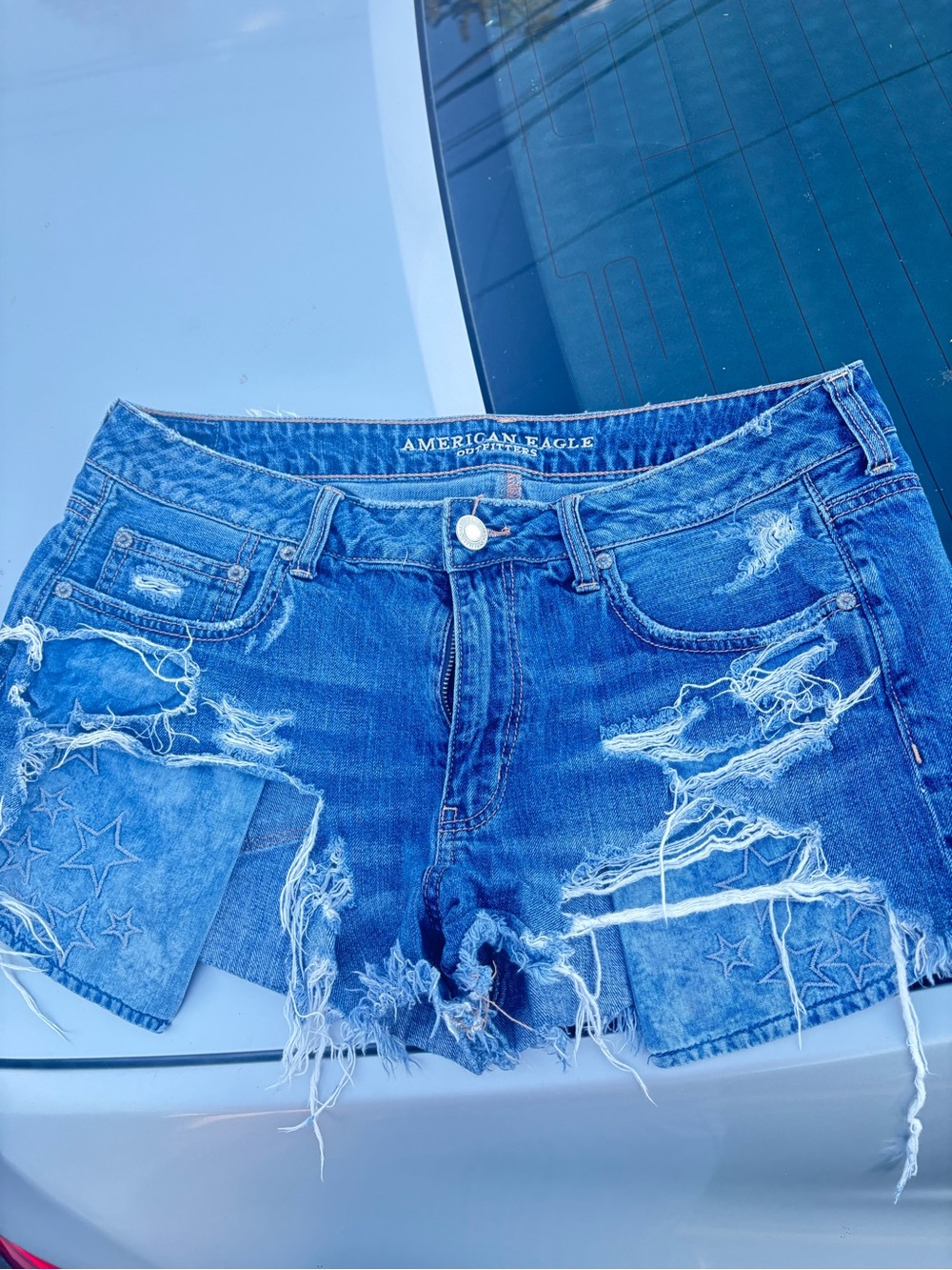American Eagle Outfitters Distressed Star-Patch Blue Denim Shorts